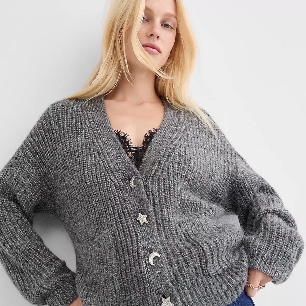 LOFT Shaker Stitch Celestial Cardigan Grey Metallic Moon Star Button XL NWT